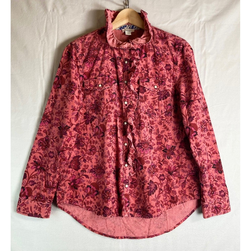 Sundance Women corduroy Floral Ruffle Blouse S Pearl Snap Western Prairie Boho